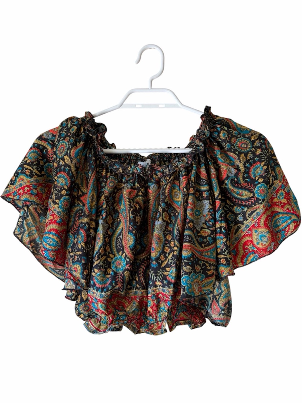 Tree of Life Paisley Boho Peasant Top Flutter Sleeve Elastic Waist Floral Print